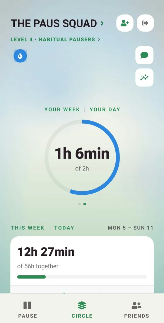 The Circle screen: a group of friends with a shared timer and weekly total.