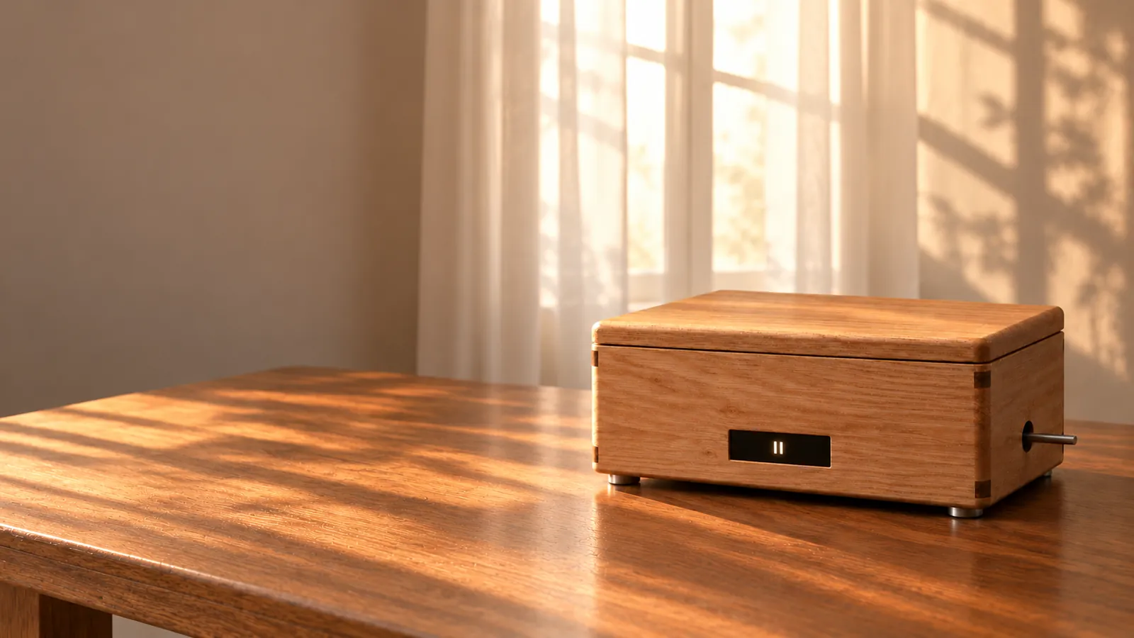 A small wooden box with a dark display strip on a table in morning light.