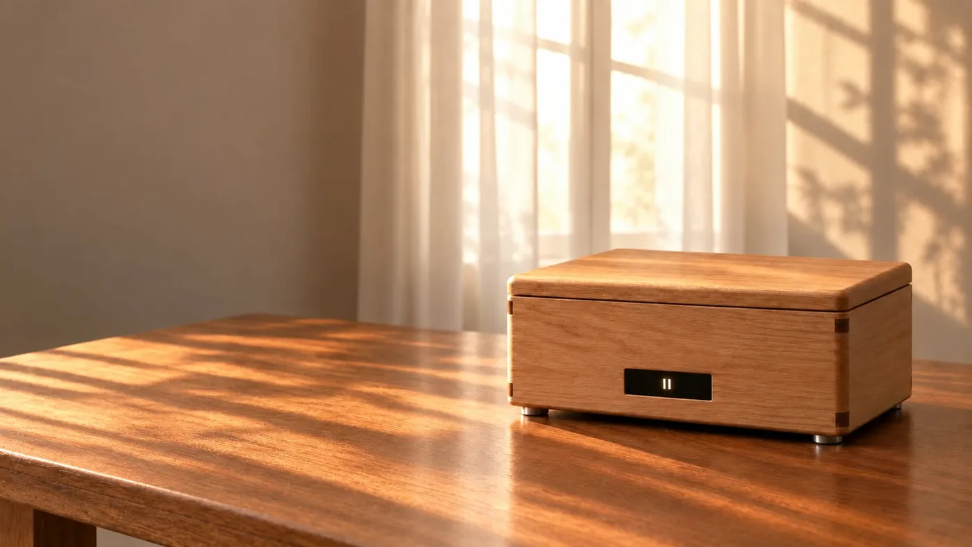 The Pause Pod box on a wooden table in morning light.